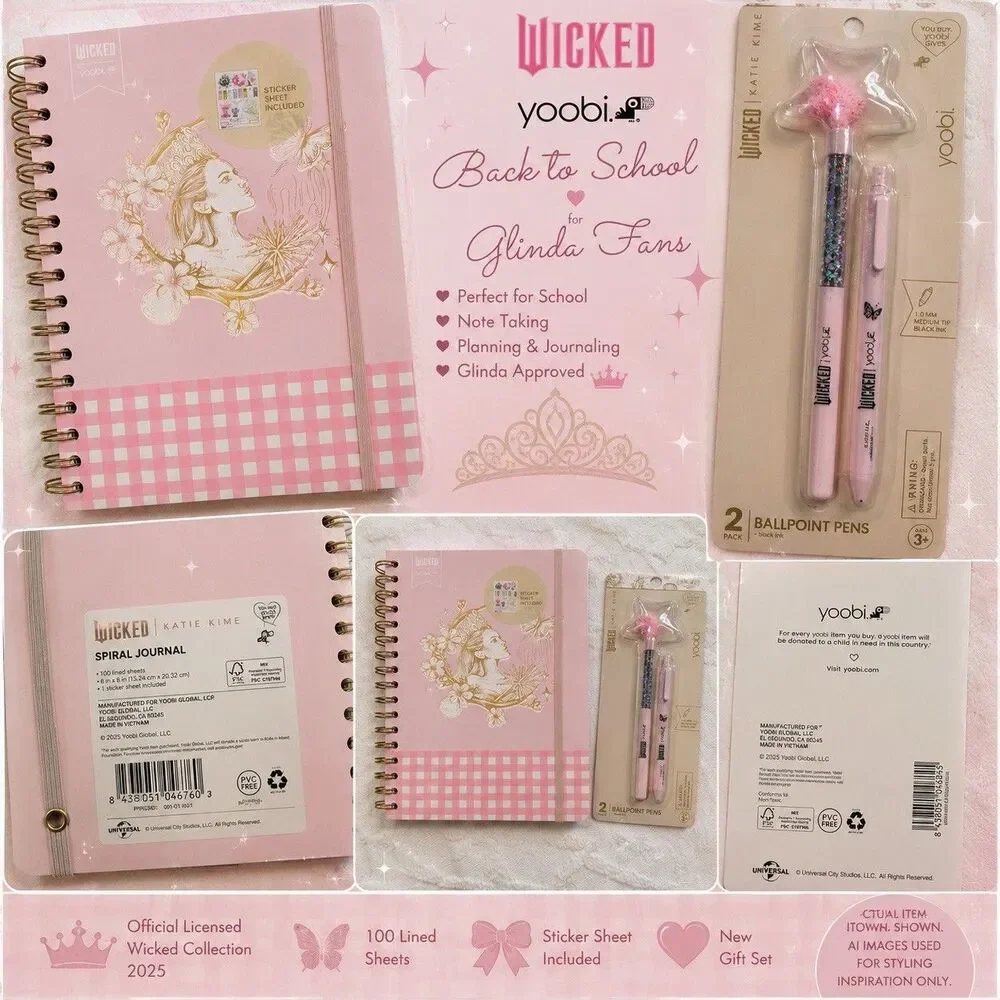 NWT Wicked Yoobi Katie Kime Pink Journals Pen Set Glinda Fan Back 2 School Gift